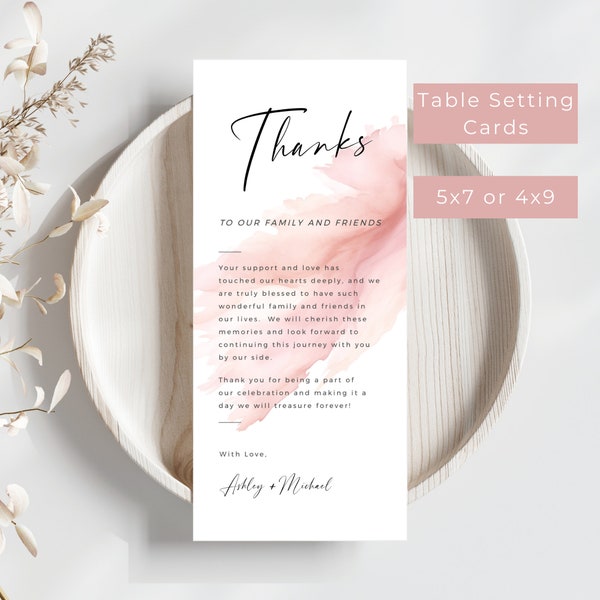 Modern Wedding Table Thank You Template, Wedding Napkin Note, Blush Pink Thank You Note, Wedding Place Setting Card, Editable Template-bl1