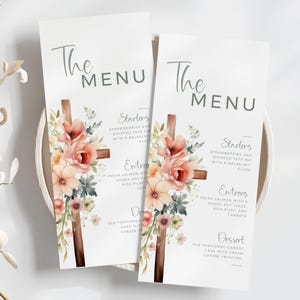 Plantilla de tarjeta de menú para la cena de Pascua, cruz floral ruborizada, plantilla editable, menú religioso, tarjeta imprimible, descarga instantánea, menú cristiano - E1