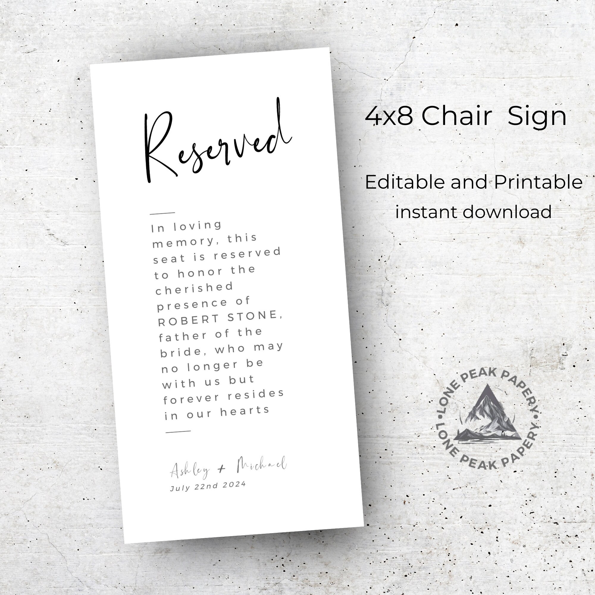 Reserved Wedding Sign Template Memorial Chair Sign in Loving Memory