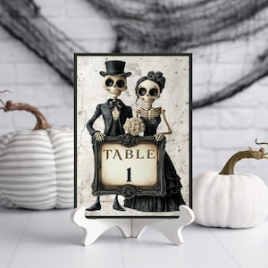 Numéros de Table de mariage Halloween, décoration de fête squelette gothique, modèle de carte de Table de mariage imprimable, signe de table modifiable Halloween-SW1