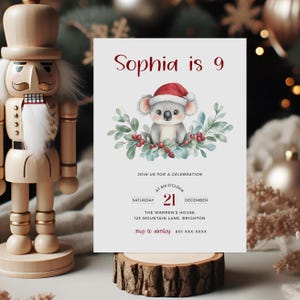 Faire-part de fête d'anniversaire pour le 9e anniversaire, invitation modifiable pour le neuvième anniversaire de naissance, modèle de fête de Noël mignon koala père Noël, téléchargement immédiat, carte imprimable-CK1