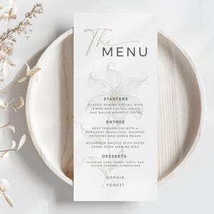 Plantillas para menús de boda / Decoración de mesas de boda / Menús de boda con arte floral lineal / Menú floral / Tarjetas de boda modernas / Menú de fiesta -LA1