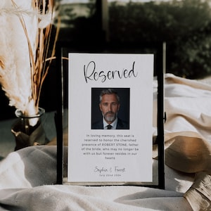 Panneau réservé à la mémoire d'une photo, plaque commémorative de table, carte mémoire d'amoureux, étiquette de chaise du souvenir, panneaux de sièges réservés pour mariage-MO1
