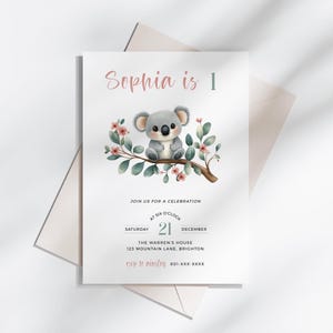 1st Geburtstagseinladung Vorlage, Süßer Koala Bday Einladen, Bearbeitbare Party einladen, Druckbare Kinder Feier, Mädchen Erster Geburtstag-KB1