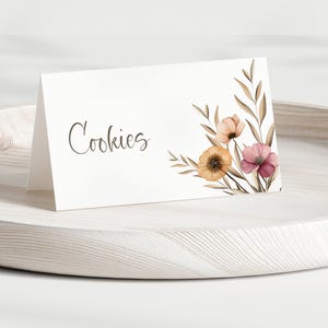 Modelo de cartão de etiqueta de comida para casamento, placa de buffet de flores silvestres, cartões de comida dobrados e planos, download instantâneo, editáveis e imprimíveis - DF3