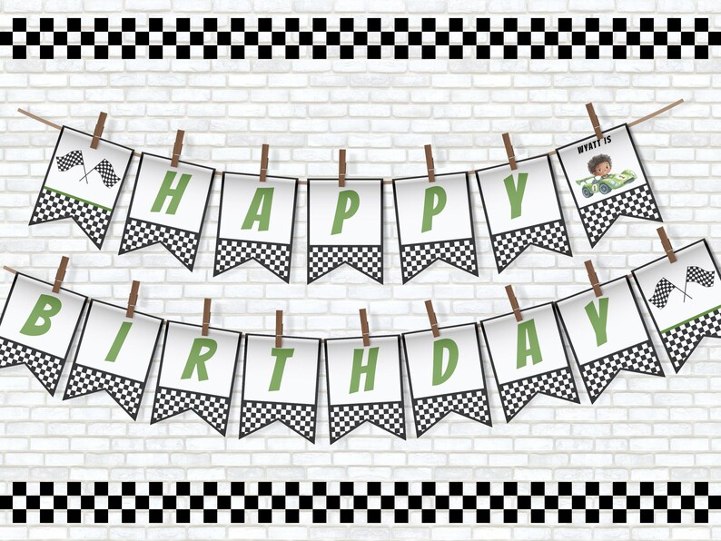 Boy 1st Birthday Bunting, Green Race Car Themed Banner, Dark Haired Boy ...