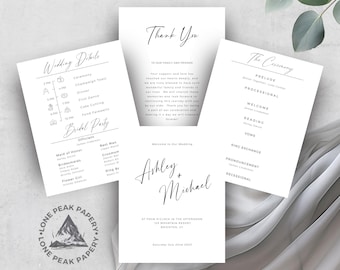 Minimalist Foldable Wedding Program Template,  INSTANT DOWNLOAD, Wedding Ceremony folded program, Elegant Editable Wedding Timeline-sim002