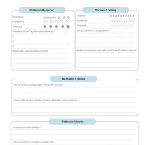 Könnte beinhalten: Ein druckbares Sporttagebuch mit Abschnitten für Reflexion, Vor dem Training und Nach dem Training. Das Tagebuch enthält Aufforderungen für Schlafqualität, Energieniveau, Stimmung, Prioritäten, Ziele, Flüssigkeitszufuhr, Ernährung, Motivation und Dankbarkeit.