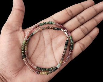 Natural Watermelon Tourmaline Beaded Necklace, Gemstone Rondelle Necklace, 18 Inch