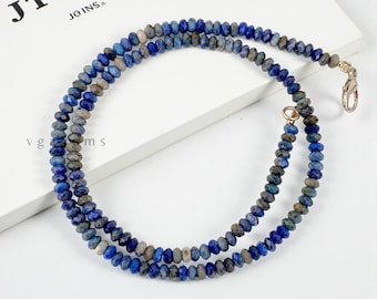 100% Natural Lapis Lazuli Beaded Necklace, 4mm Blue Lapis Faceted Rondelle Beaded Necklace, Blue Lapis Minimalist Jewelry, Gift For Her