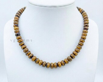 Natural Tiger's Eye Beaded Necklace, 7-8mm Smooth Rondelle Beads, Dainty Minimalist Jewelry, Anniversary Gift
