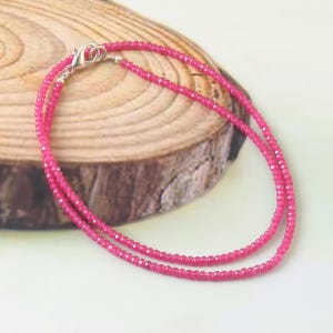 Genuine Pink Ruby Beaded Necklace, 3mm Pink Ruby Beads Necklace, Ruby Beads stone Necklace, Women&#39; Tiny jewelry, Ruby Minimalist Necklace