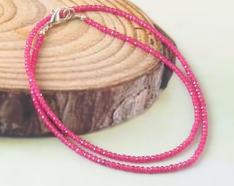Echte roze robijnrode kralenketting, 3 mm roze robijnrode kralenketting, robijnrode kralenstenen ketting, kleine damessieraden, robijnrode minimalistische ketting