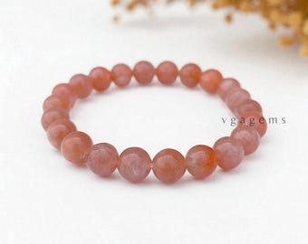 Natural Red Sunstone Beaded Stretch Bracelet, 8mm Smooth Round Beads