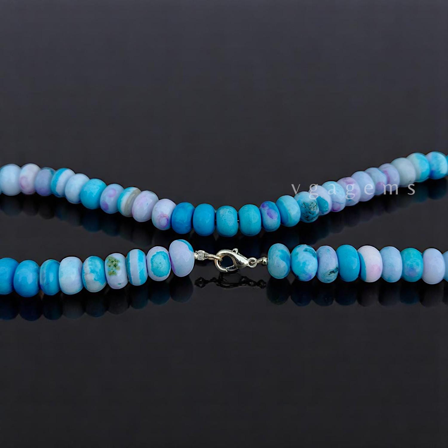 天然ブルーペルーオパールビーズネックレス、8～9mmブルーオパール