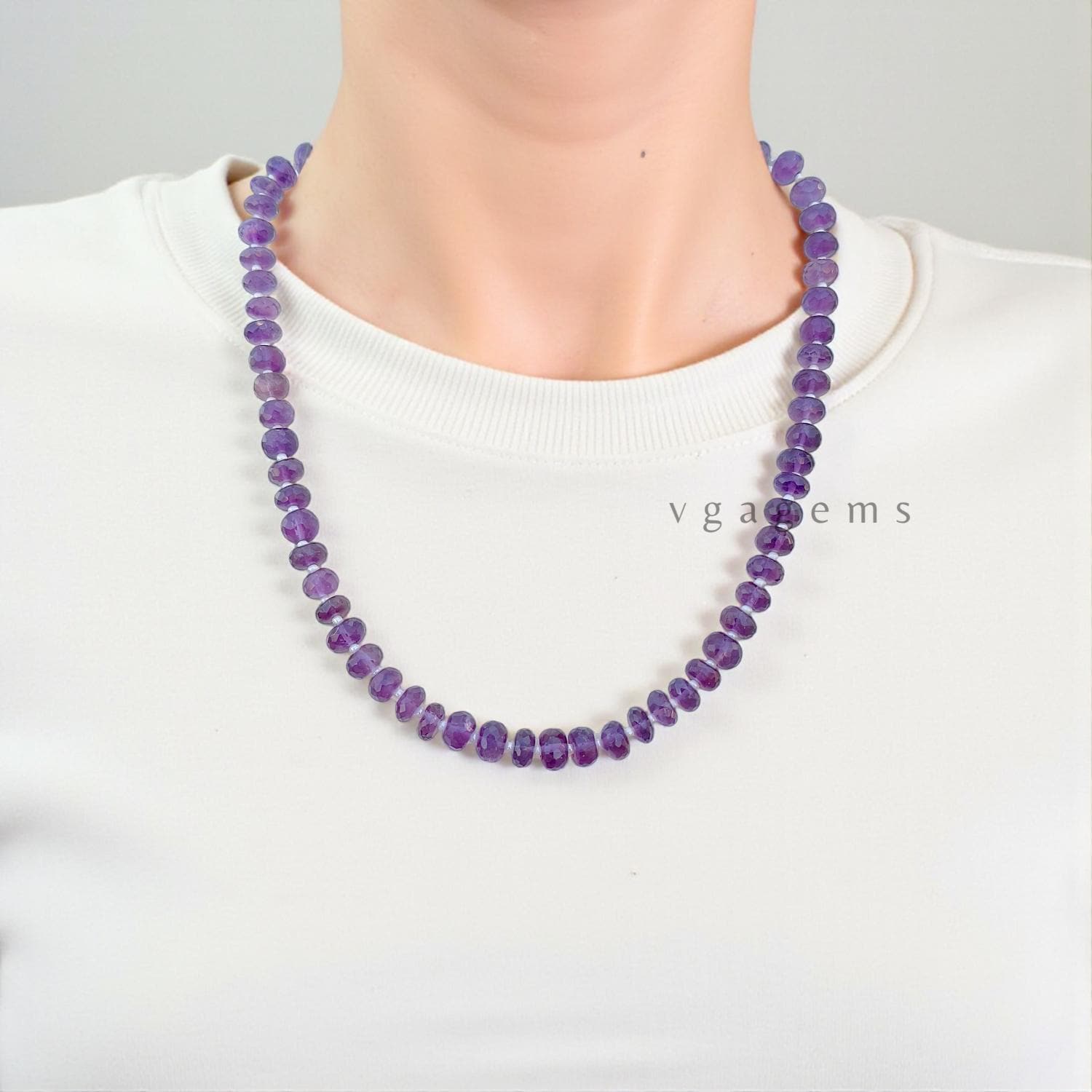 100% Natural Amethyst Beaded Necklace, 6-7mm Purple Amethyst