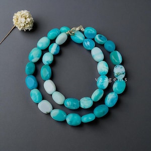 Blue Peruvian Opal Beaded Necklace: Smooth Oval Gemstone, 18 Inch