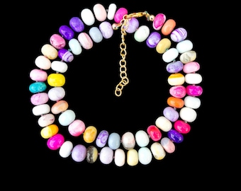 Natural Multi Opal Knotted Necklace, Disco Color Candy Opal Necklace, 8-9MM Rondelle Smooth Beads Necklace, Candy Necklace, Gift for Her.
