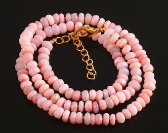 Pink Peruvian Opal Beads Knotted Necklace, 5-6mm Pink Opal Faceted Rondelle Beads Necklace, Opal Knotted Necklace, Gift For Her.