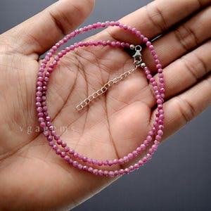 Genuine Pink Ruby Faceted Round Beaded Necklace, July Birthstone Beads, Minimalist Necklace, 3mm Ruby Micro faceted Semi Precious Necklace