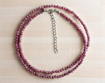 Echte roze robijn gefacetteerde ronde kralenketting, juli geboortesteenkralen, minimalistische ketting, 3 mm robijn microfacetten halfedelsteenketting