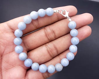 Blue Angelite Beaded Bracelet, 8mm Smooth Round Gemstone Bracelet, Sterling Silver Starburst Beads, Handmade jewelry for Wife, Gift For Her