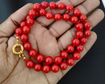 Handmade Knotted Red Coral Necklace, 8mm Smooth Round Beads