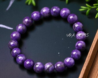 Bracciale con perle di charoite naturale, perle lisce e rotonde elastiche da 8 mm, gioiello da uomo.