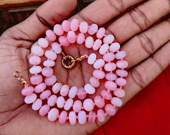 100% Natural Light Pink Opal Beads Necklace, 8mm Pink Peruvian Opal Smooth Rondelle Beads Necklace, Candy Opal Knotted Necklace For Gift