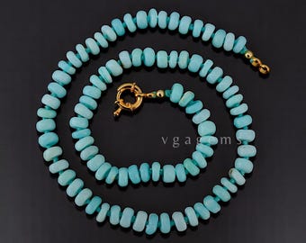Pale Blue Opal Handmade Knotted Beaded Necklace, Blue Opal Smooth Rondelle  Necklace with Sterling Silver Gold Plated Spring Ring Clasp