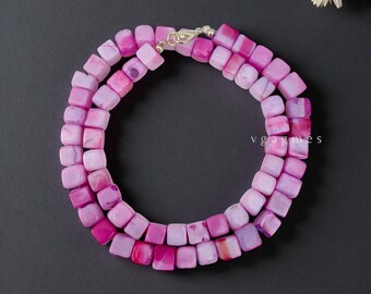 ゴージャス!! ピンクオパールビーズネックレス、7 x 7 mmハンドメイド