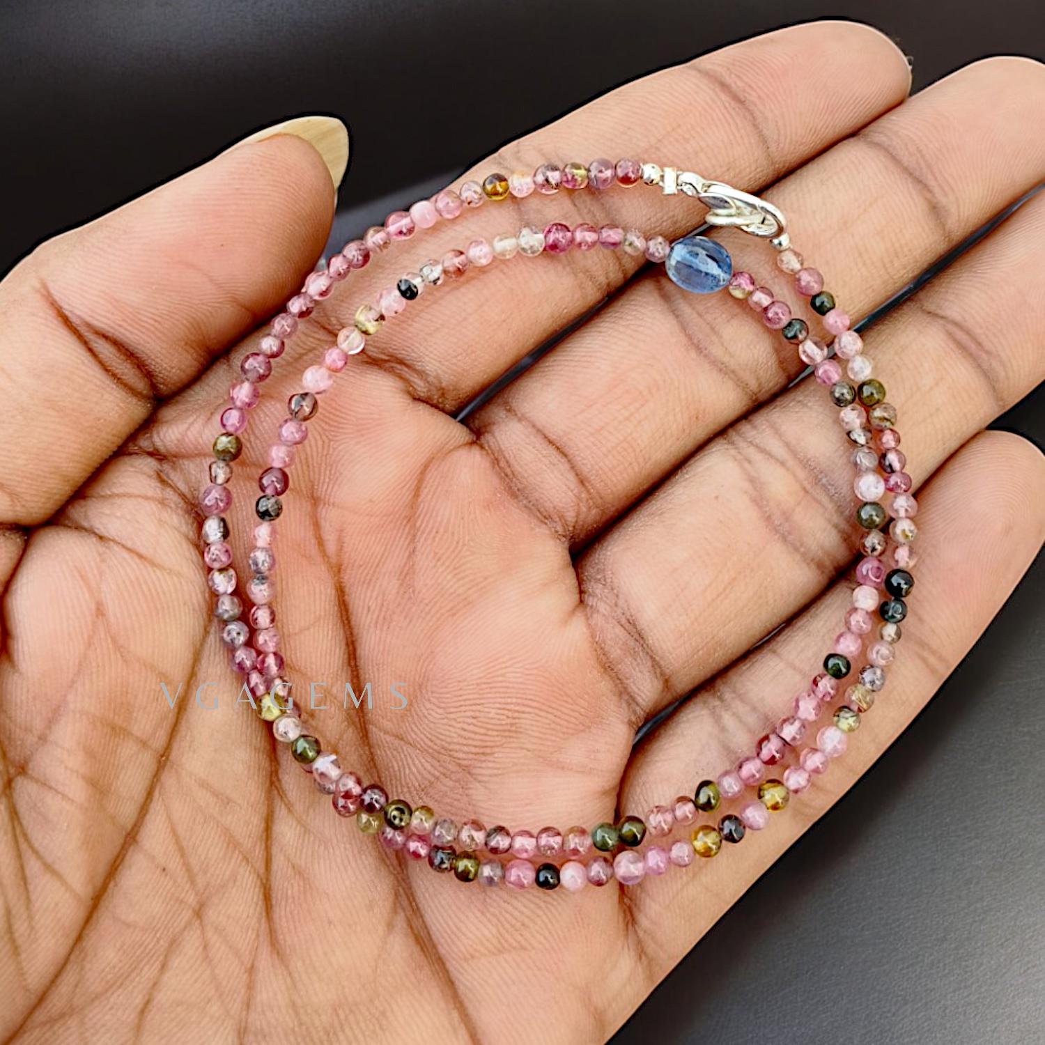 レインボートルマリンビーズネックレス、3mmサファイアアクセント