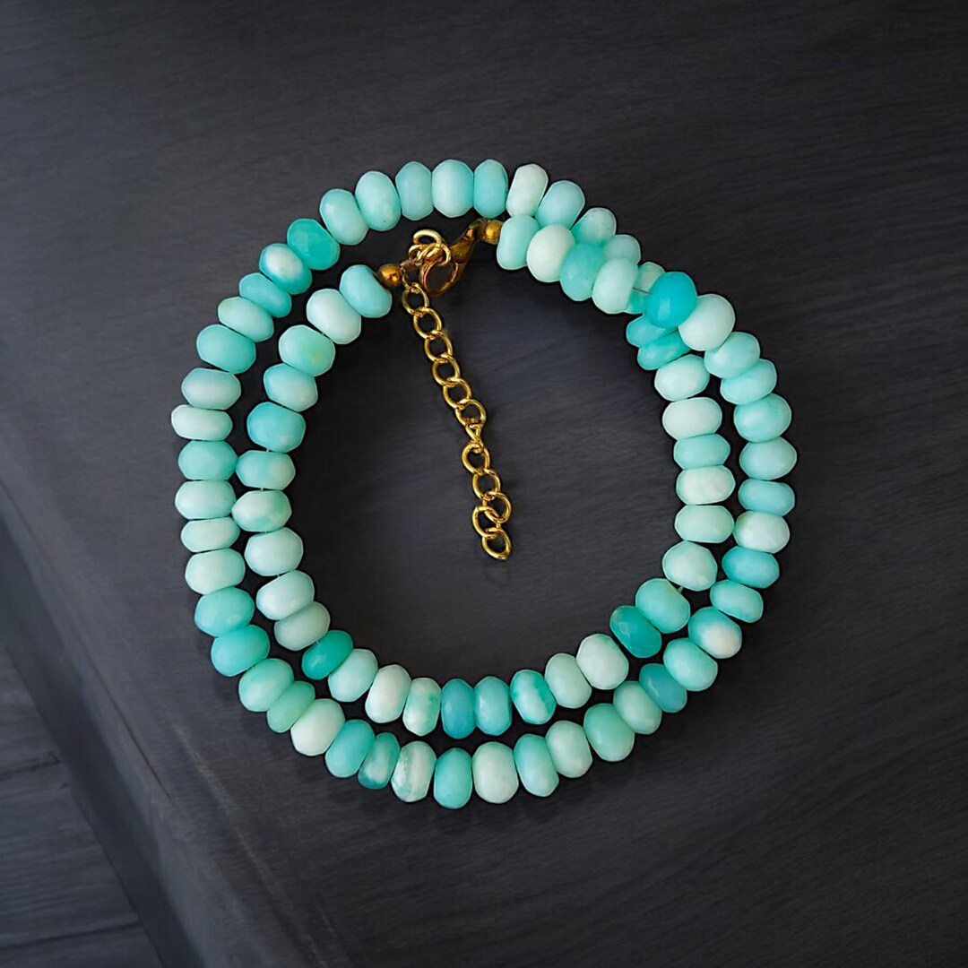 天然ブルーオパール ペルー産ビーズネックレス、7～7.5mm キャンディ