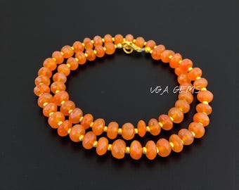 Splendida collana di perline di corniola, collana di perline di corniola arancione sfaccettate da 7 mm, gioielli in corniola con palline dorate, regalo di compleanno