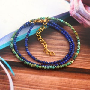 Natural Lapis Lazuli and Turquoise  beaded necklace, 2-2.5mm Micro faceted round necklace, Minimalist turquoise jewelry, Anniversary Gift.