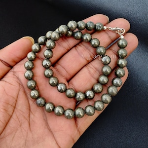Natural Pyrite Beaded Necklace: 8mm Smooth Round Beads, Unisex Healing