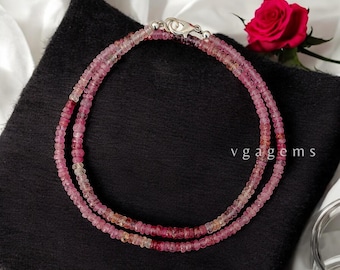 Beautiful Pink Shaded Sapphire Beaded Necklace, 3-4.5mm Pink Sapphire Faceted Rondelle Beads Necklace, Tiny Beads Minimalist Jewelry Gift