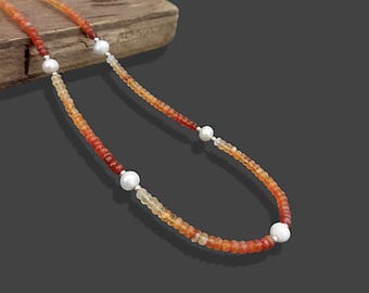 Mexican Fire Opal Pearl Beaded Necklace, Faceted Rondelle Gemstone Jewelry