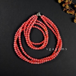 Gorgeous!! Pink Coral Beaded Necklace, 4mm Pink Coral Smooth Round Bead Necklace, 3 Strands Handmade Pink Opal Necklace, Minimalist Jewelry