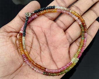 Multi Tourmaline Beaded Necklace, 4-5mm Natural Watermelon Tourmaline Beads Necklace, Semi Precious Gemstone For Engagement Gift