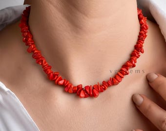 Real Red Coral Beaded Necklace, Red Coral Chips Beads Necklace, Coral Uncut Chips Heling Crystal Jewelry, For Anniversary Gift Necklace