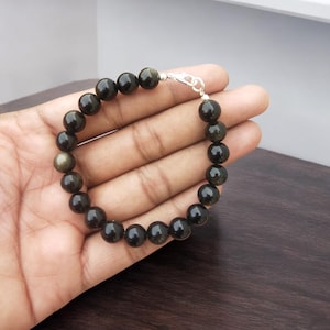 Bracciale in ossidiana nera dorata naturale al 100%, bracciale di messa a terra rotondo liscio in ossidiana da 8 mm, bracciale anti-ansia per uomo, regalo di anniversario