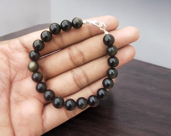 Pulsera de obsidiana negra dorada 100 % natural, obsidiana lisa y redonda de 8 mm, ideal para la conexión a tierra, para aliviar la ansiedad, regalo de aniversario.