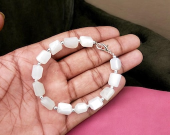 White Moonstone Beaded Bracelet, Moonstone Faceted Tumble Bead Bracelet, Meditation Healing Energy, Crystal Collector Bracelet, Gift For Her