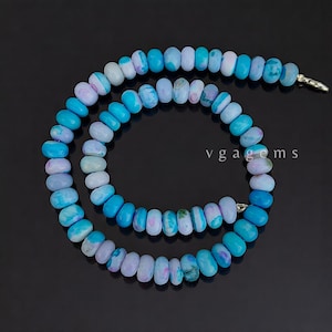 Natural Blue Peruvian Opal Beaded Necklace, 8-9mm Blue Opal Smooth Rondelle Beads Necklace, Blue Lavender Opal Gemstone Necklace For Gift