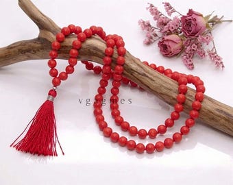 100% Natural Red Coral 108 Bead Mala Necklace, 8mm Smooth Hand Knotted Japa Mala