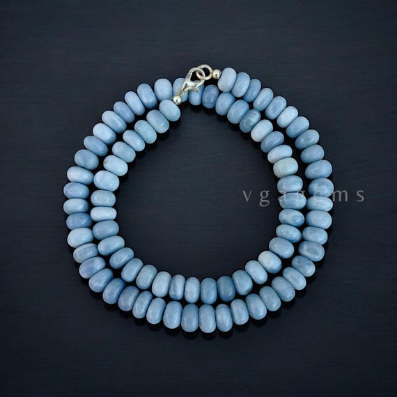 ON SALE Blue Peruvian Opal Beaded Necklace, Natural Blue Candy Opal Beads Necklace, Blue Smooth Rondelle Gemstone Necklace, Rare Necklace