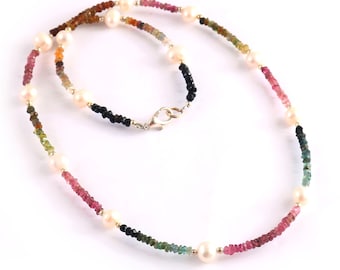 Watermelon Tourmaline and Pearl Necklace, Gemstone Beaded Jewelry