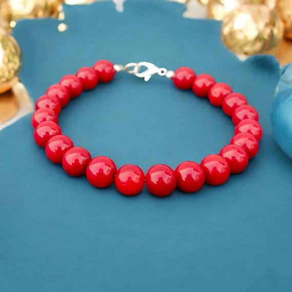 AeraVida Reconstructed Red Coral Bracelet - Sterling Silver Beads Stretch Bracelet For Unisex Wear