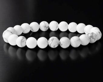 Pulsera elástica de howlita blanca natural, pulsera de piedra preciosa redonda lisa de howlita, pulsera ajustable, pulsera de howlita blanca, regalo de cumpleaños.